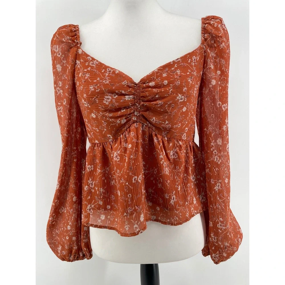 ASTR Floral Babydoll Top Womens Medium Burnt Orange Puff Sleeve Y2K Boho Cottage